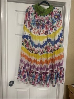 Beulah Rainbow Floral Chevron Maxi skirt with Green trim